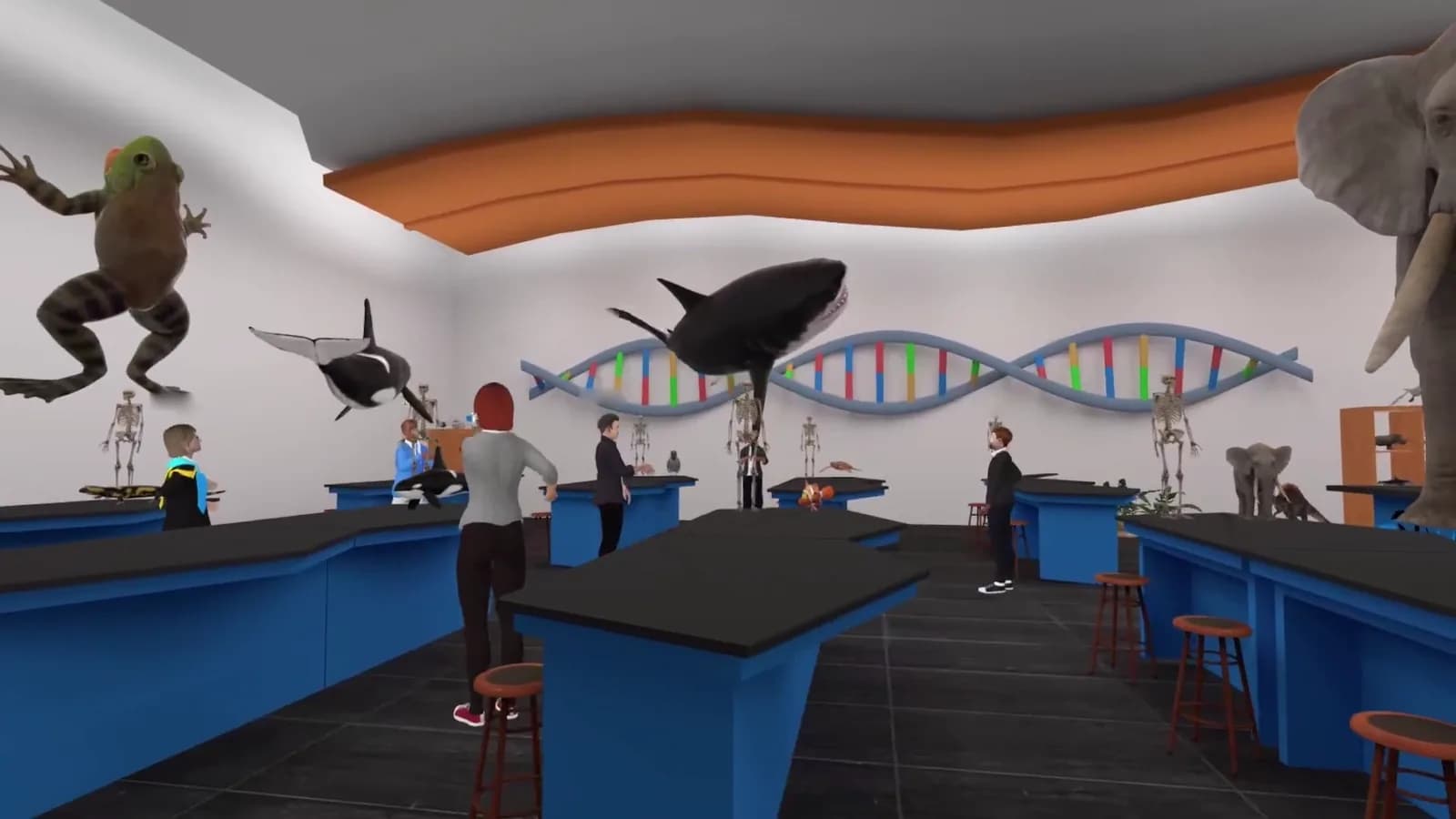 A virtual biology lab: life-size specimens overhead, a DNA helix across the wall, avatars working at the lab benches