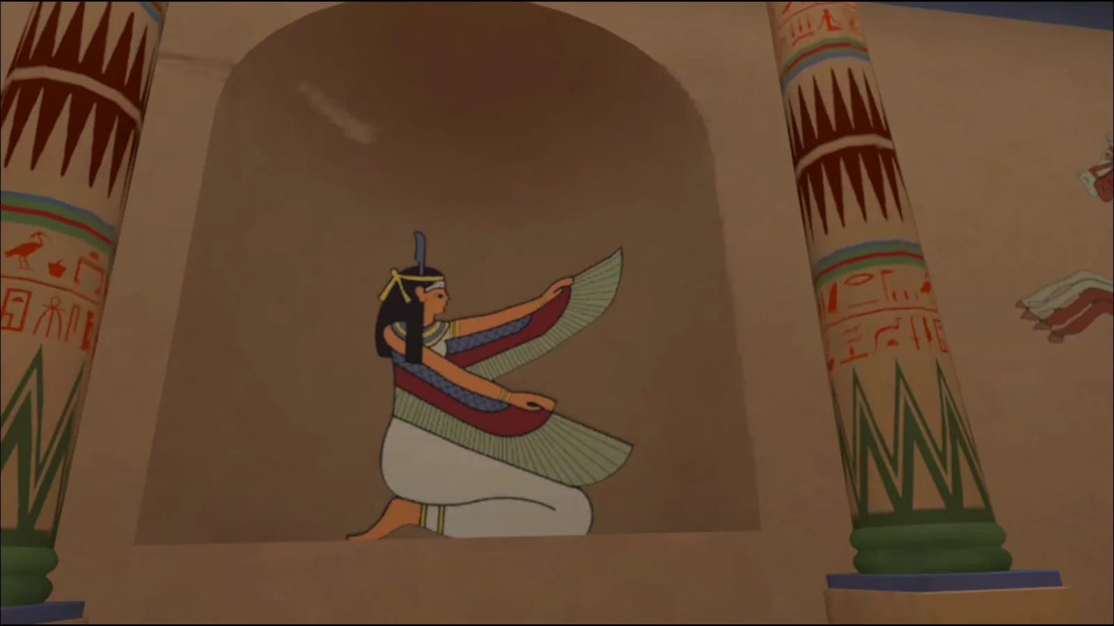 A painted Egyptian goddess on a temple wall, between two carved columns, inside the virtual classroom.