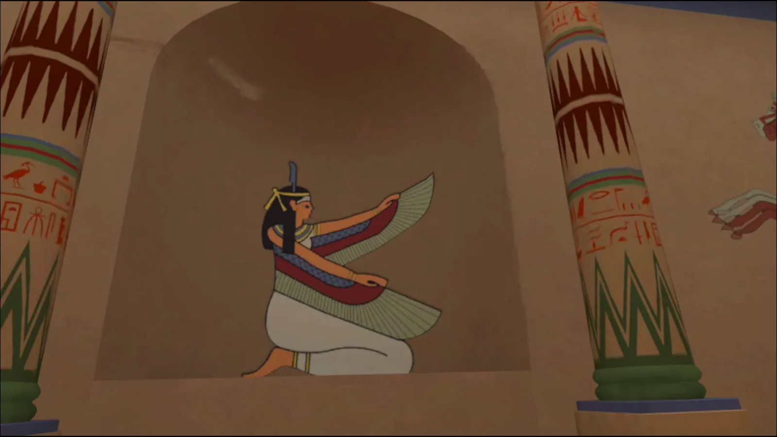 A painted Egyptian goddess on a temple wall, between two carved columns, inside the virtual classroom.