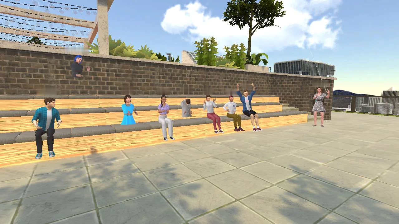 Avatars gathered on the courtyard steps inside the virtual campus