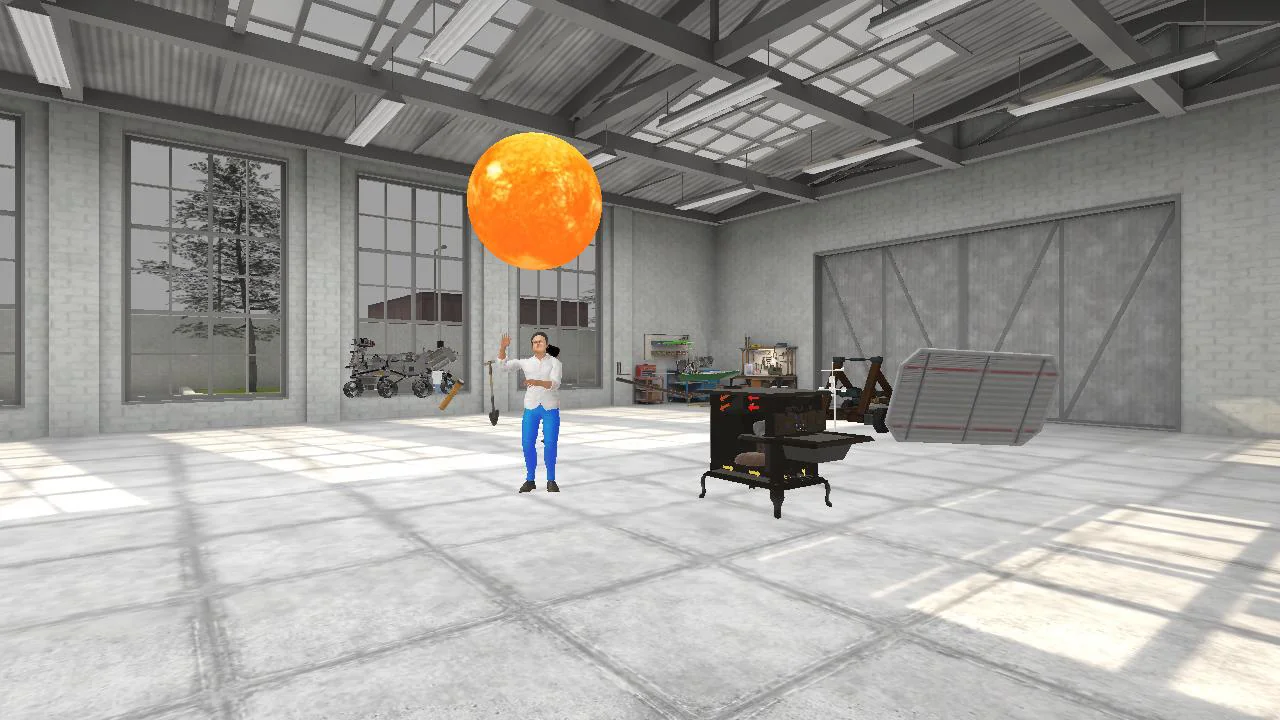 A science bay inside the headset: a glowing model of the sun floating over an open lab floor with a Mars rover, a workbench, and a solar panel, one avatar standing beneath it.