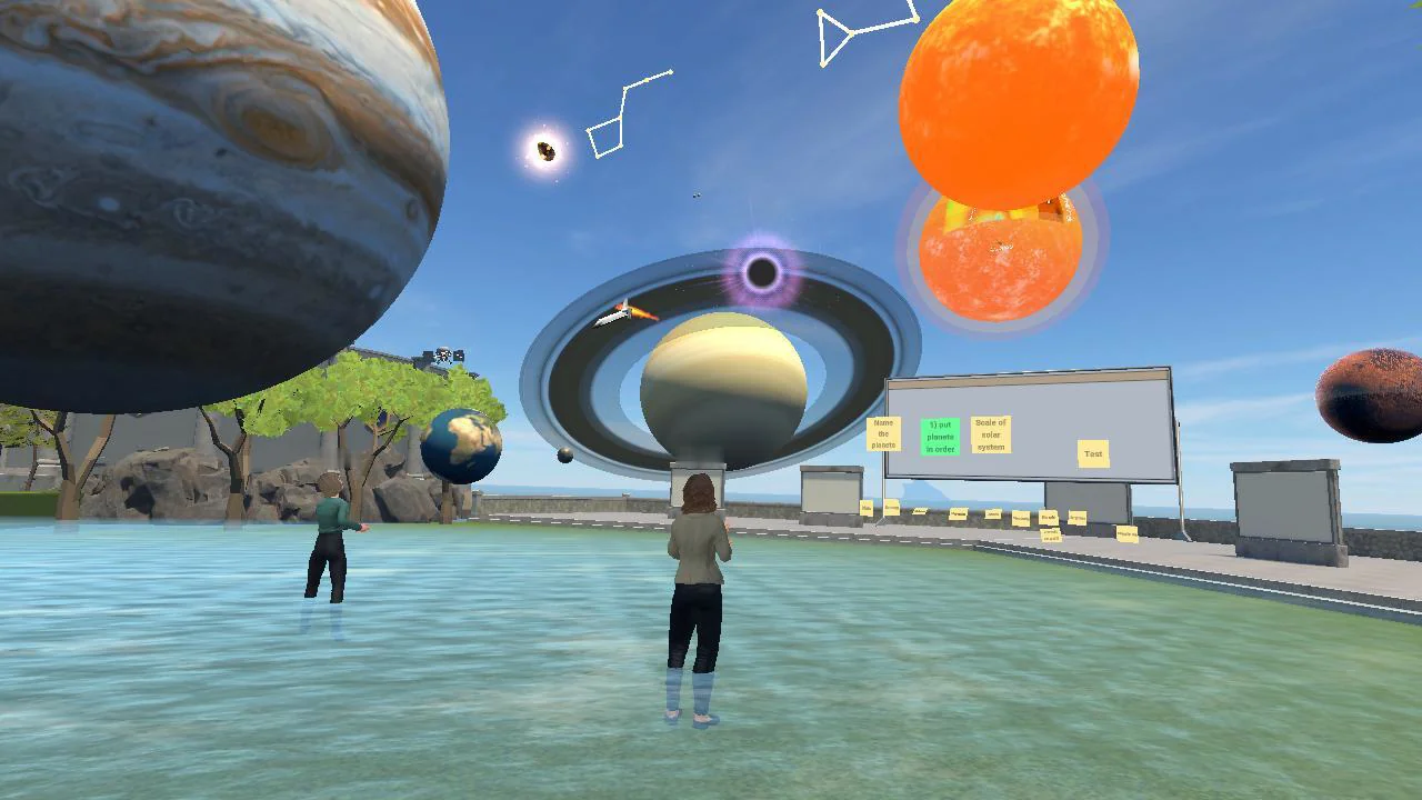 A rendered solar system hanging over an open field inside the Virtual Horizons platform: Jupiter filling the upper left, ringed Saturn at the center, the sun burning overhead, and a lesson board of prompts at the right, with two avatars on the ground looking up at it.