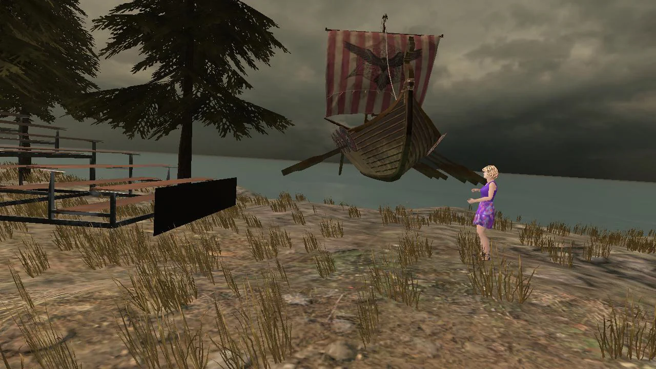 A Viking longship rigged under a storm-dark sky on a virtual shore, an avatar standing on the beach beside it