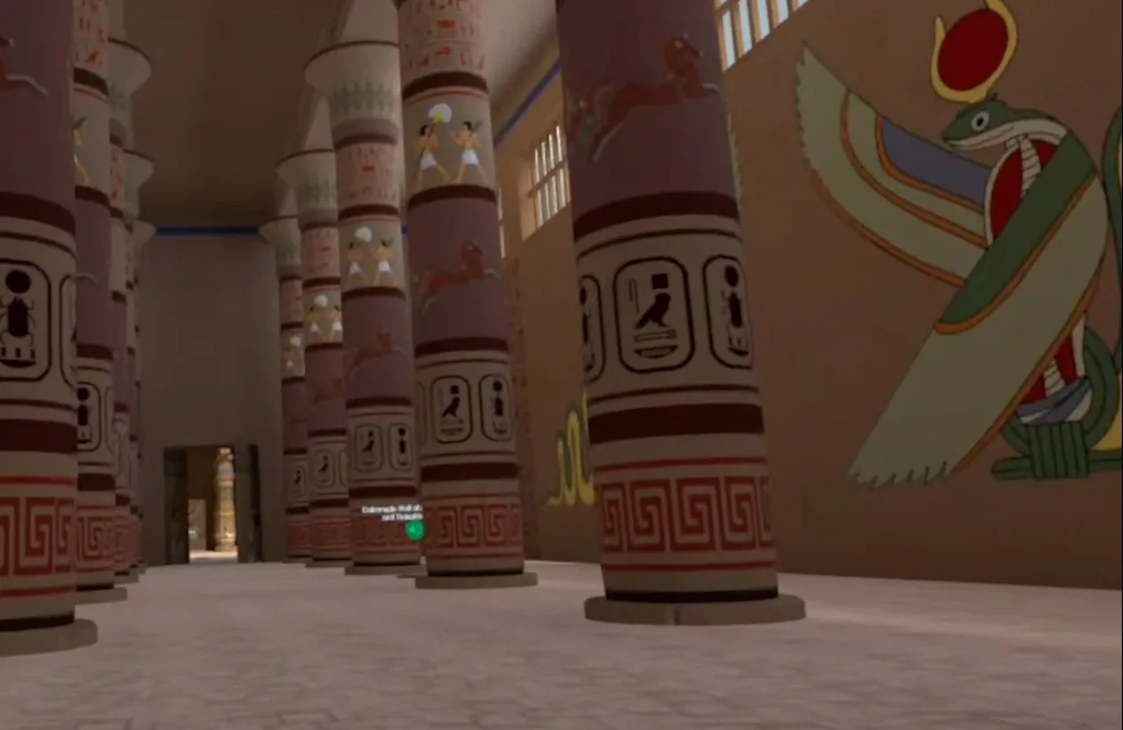 An Egyptian temple hall inside the headset: two rows of painted lotus-bud columns receding down a sunlit aisle, a winged-goddess mural on the right wall.