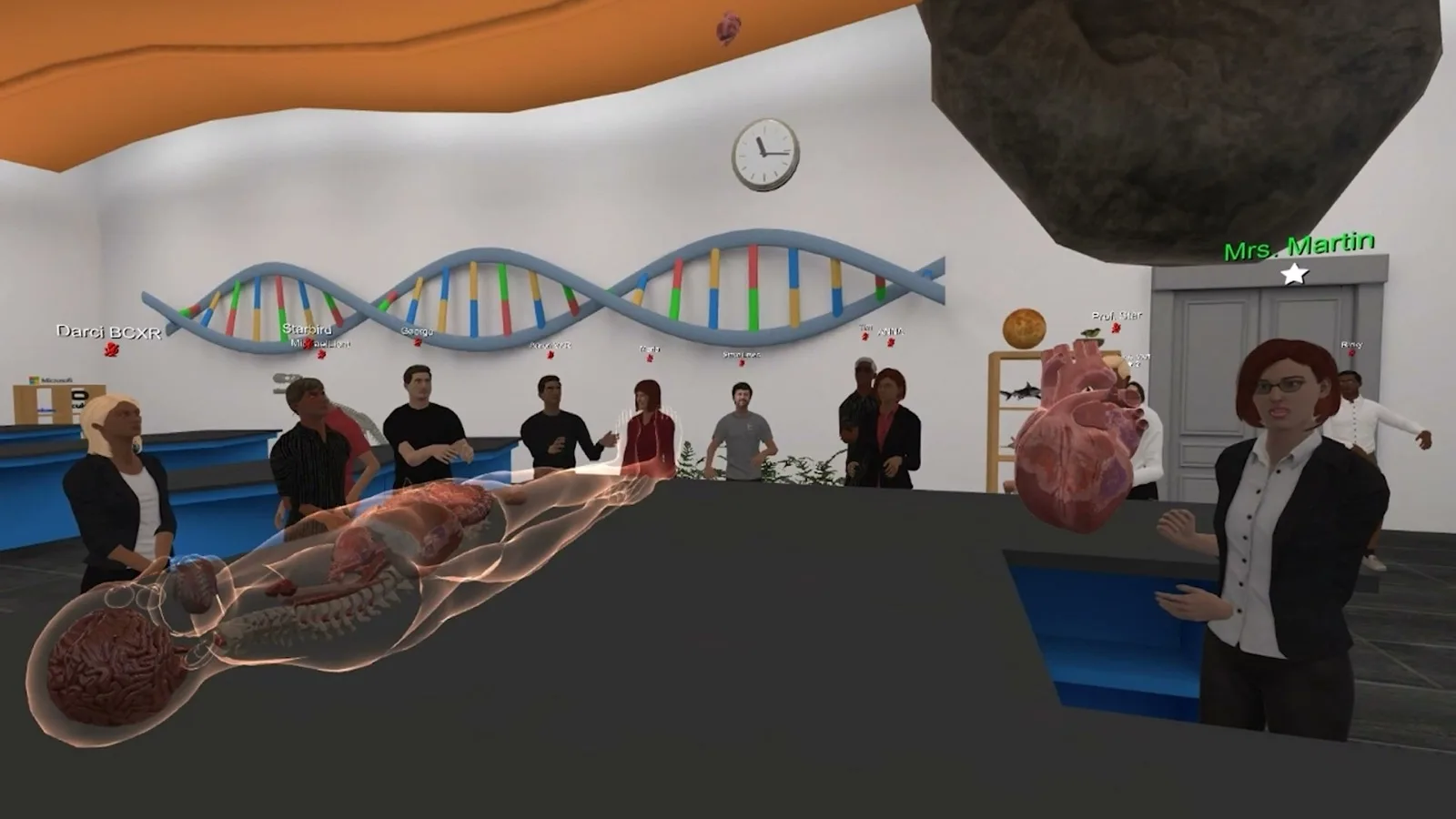 A class of student avatars gathered around lab tables with their teacher in a virtual science lab.