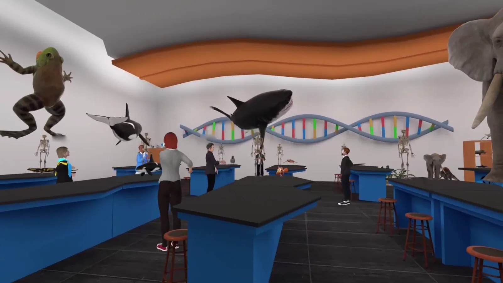 A virtual biology lab: life-size specimens overhead, a DNA helix across the wall, avatars working at the lab benches