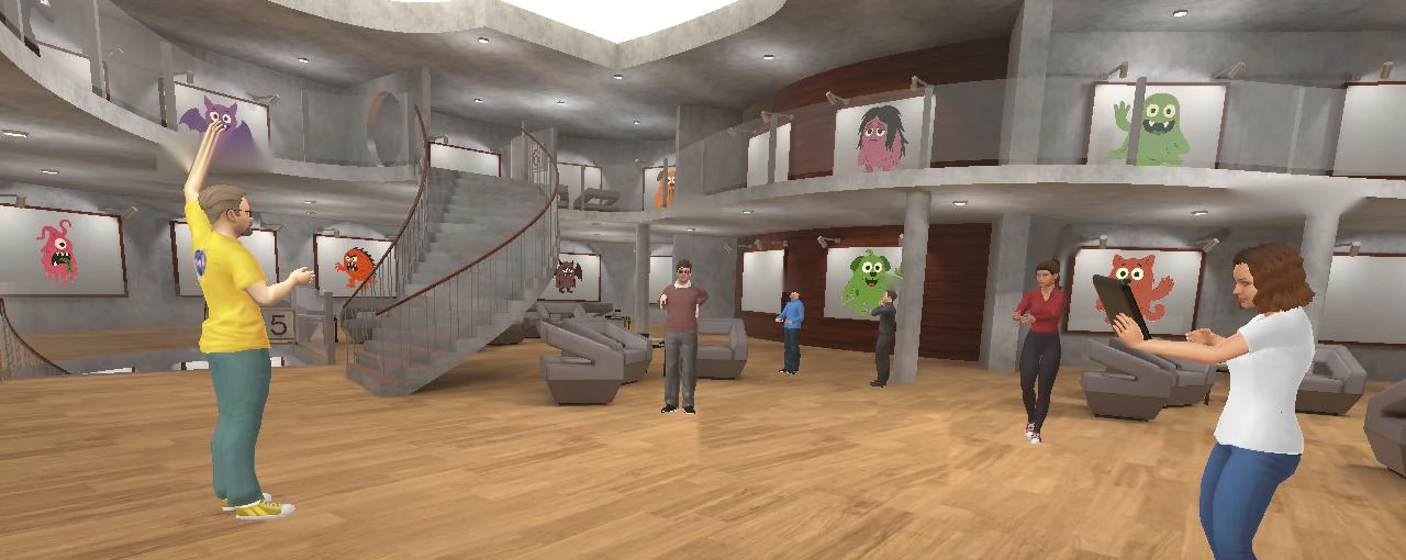 Avatars in the school's virtual commons, framed character artwork on the walls