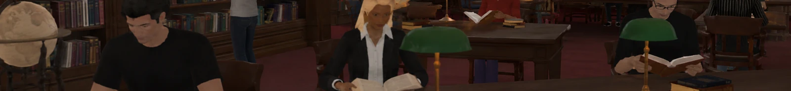 Avatars reading at long tables in a grand virtual library