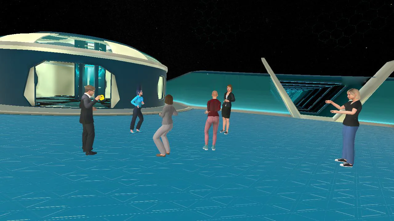 Avatars gathered on a station deck above a starfield, inside the platform