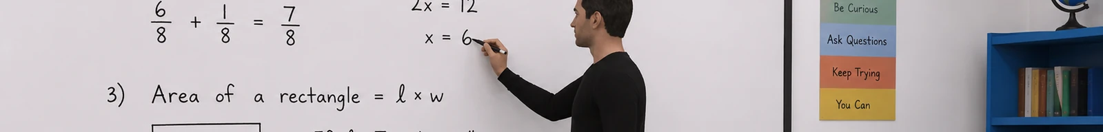 An avatar works an equation at the whiteboard of a virtual math classroom